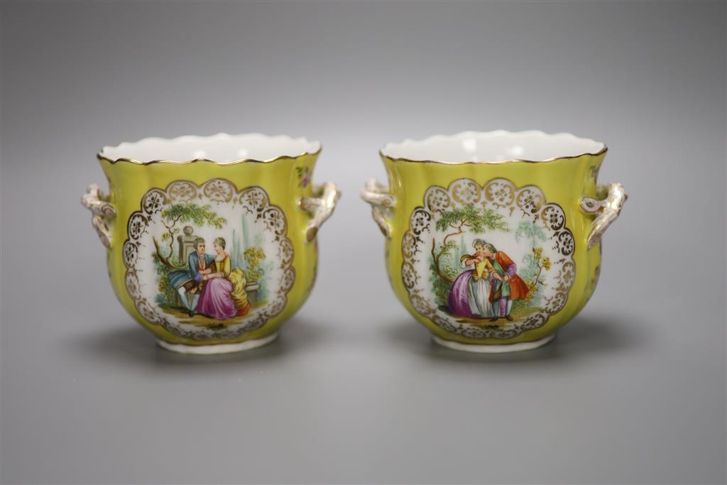A pair of Dresden cache pots and a Danish porcelain coffee set, tallest 9.5cm